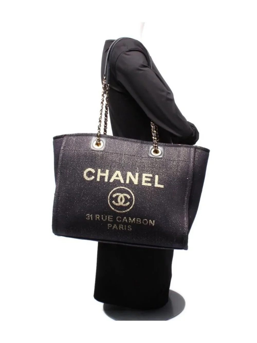 Chanel Tote Shoulder Gold Mixed Fiber Deauville MM